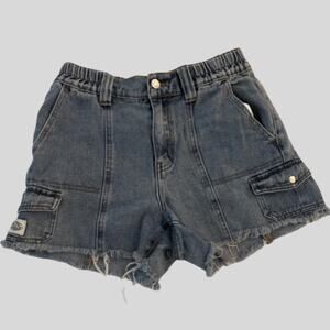 PacSun High Rise Cutoff Cargo Denim Shorts Elastic Waist Raw Hem S